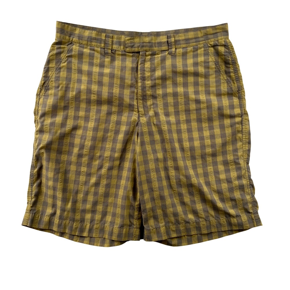 Patagonia Thrift Shorts Mens 33 Gingham Checkered Mustard Brown Organic Cotton